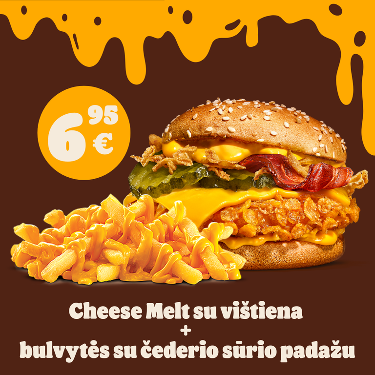 Cheese Melt su vištiena mėsainis + bulvytės su čederio sūrio padažu